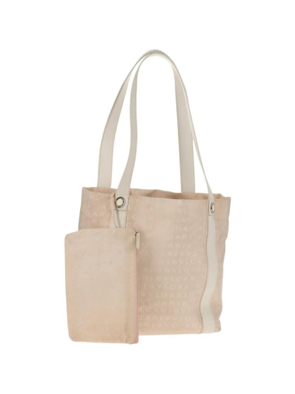 BVLGARI Logo Mania Tote Bag Canvas Leather Beige Silver